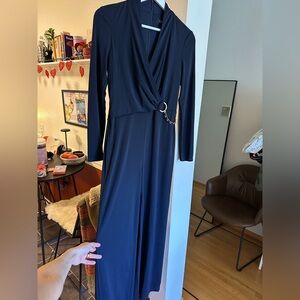 Ralph Lauren - Navy Long-Sleeve Wrap Jumpsuit with Gold Ring